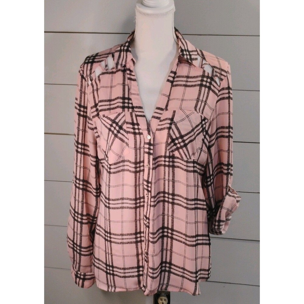 Candie's Pink Plaid Barbie Grunge Button-Up Roll Tab Sleeve Cutout shoulder   L